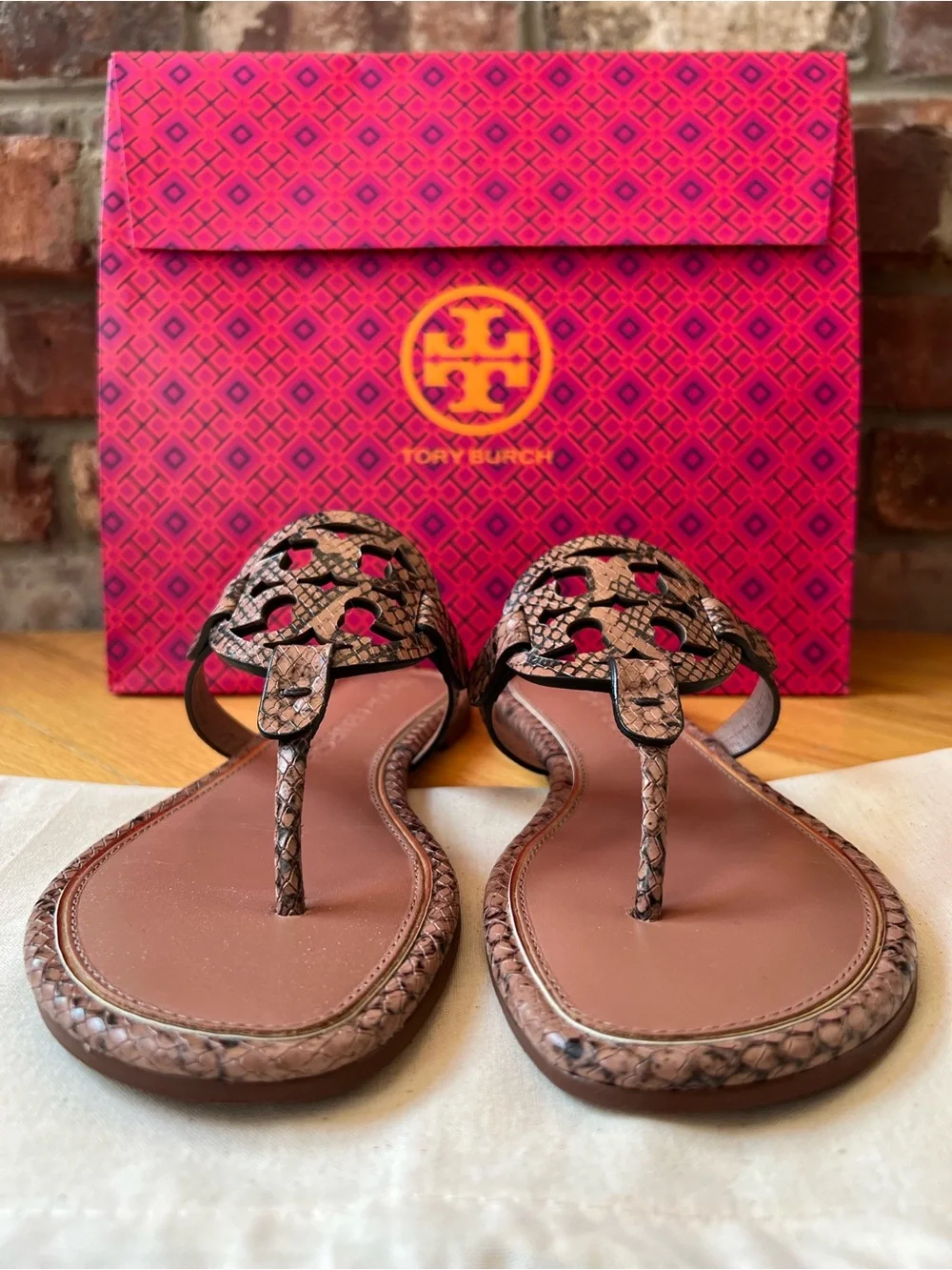Tory Burch Brown Black Desert Roccia Stamped Snake Printed Leather Miller Sandal